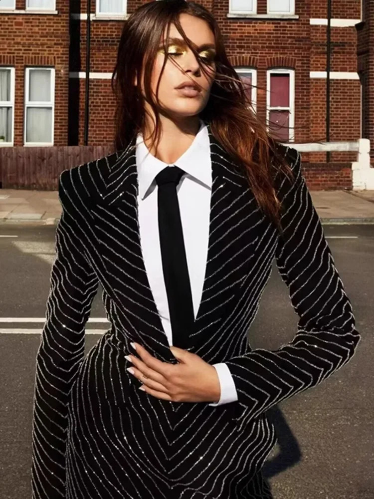 Black Diamonds Beaded Blazer Dress 2024 Fashion Womens Outfits 241228
