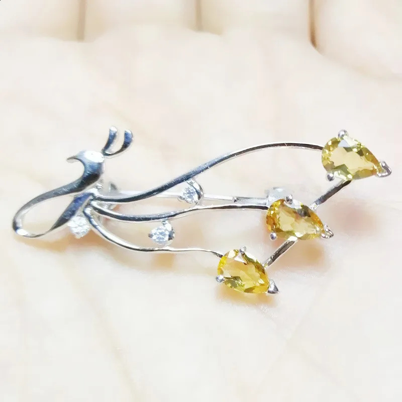 Natural real citrine brooch pins 925 sterling silver brooch 0.4CT*3pcs gemstone Peacock style jewelry C9021011 241227