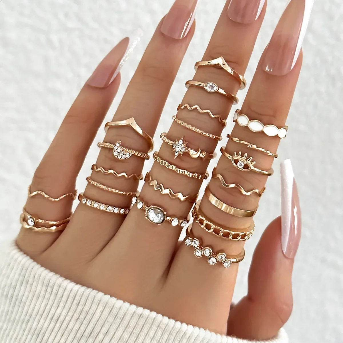 23Pcs Trendy Simple Knuckle Rings Set For Women Crystal Star Moon Eye Wave Ring Female Fashion Party Jewelry Accessories 241225