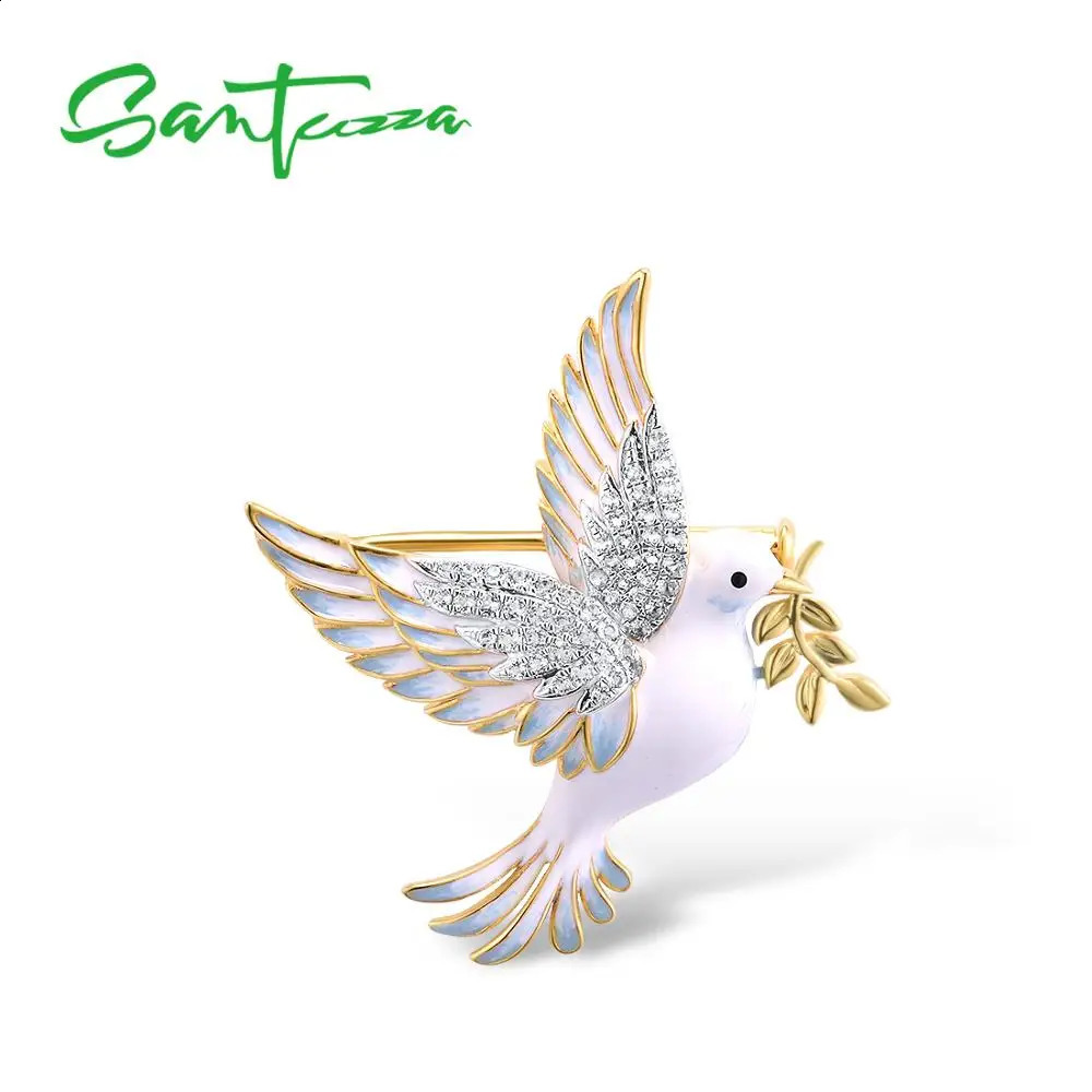 SANTUZZA Silver Brooch for Women Pure 925 Sterling Silver Yellow Gold Color Peace Bird Animal Jewelry Handmade Enamel 241227