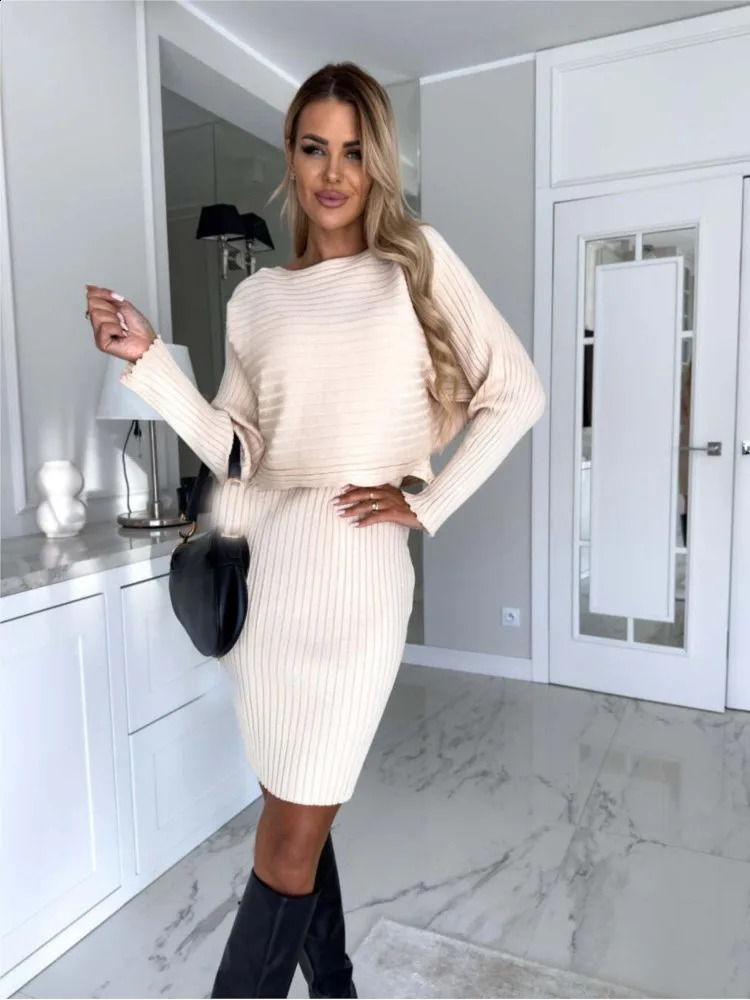 Fashion Long Sleeve Knitted Sweater And Dress Two Piece Sets For Women 2025 Autumn Winter Outfits Warm Sexy Bodycon Drsses 241220