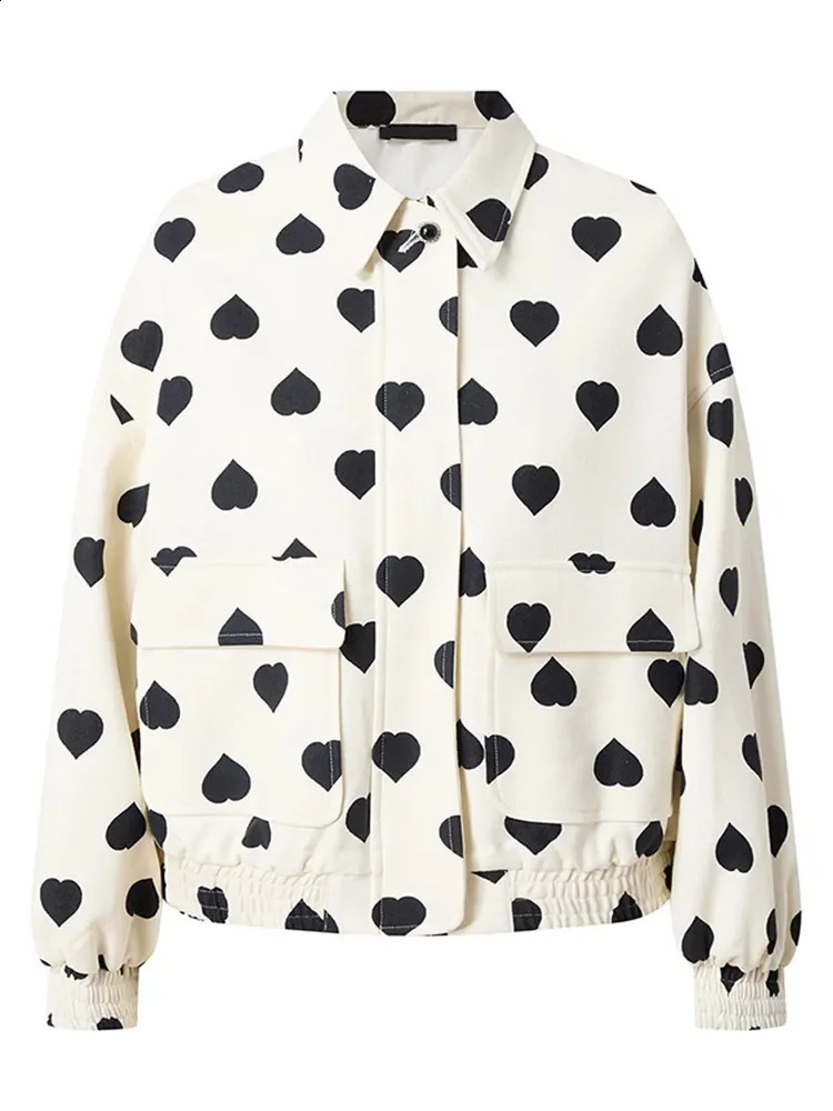 Autumn Female Commuting Streetwear Elegant Black Polka Hearts Bomber Jacket Women Fashion Long Sleeve Flips Pocket Zipper Coat 241224