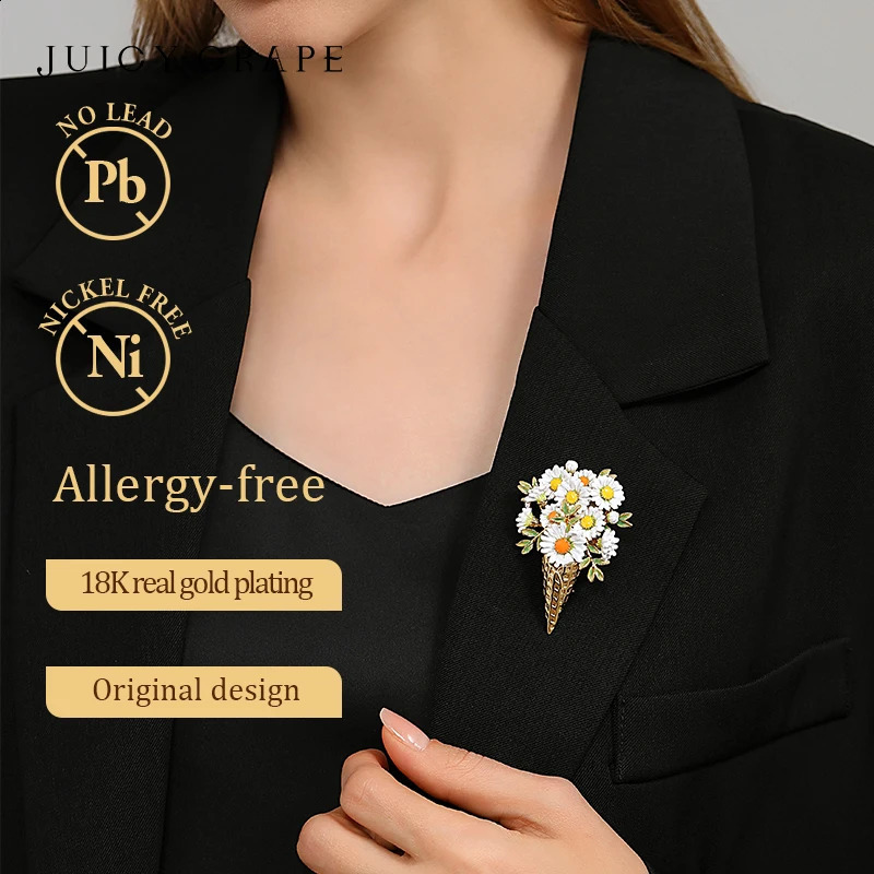 Juicy Grape Exquisite White Daisy Brooch Handmade Enamel Flower Brooch Copper with 18K Gold Plating Fashion Jewelry 241227