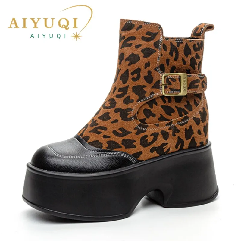 AIYUQI Women Short Boots Autumn Leopard Print Korean Platform Women Ankle Boots Trend Designer Women High Heel Boots