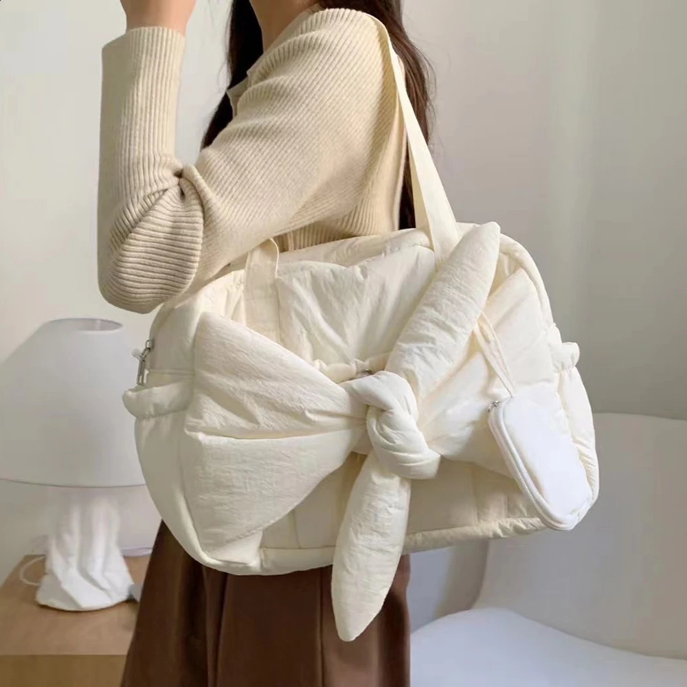 Quilted Bow Tote Bags for Women Cotton Padded Shoulder Bag Nylon Space Down Handbags Bag 2025 Pad Shopper Purses 241227