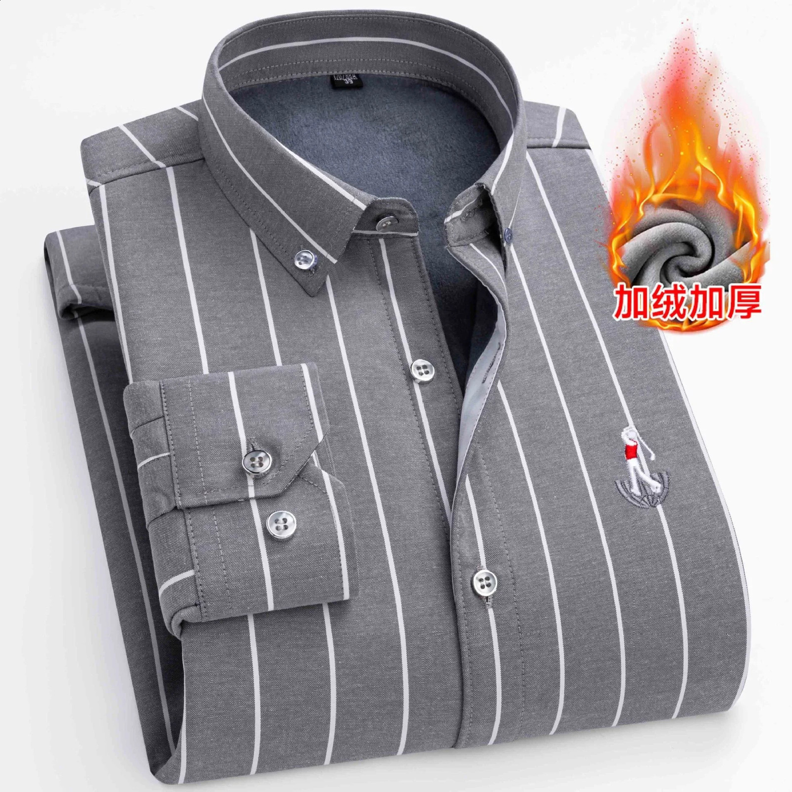 Autumn Winter Mens Striped Warm Nonironing Long Sleeve Fleece Thickened Oxford Spinning Business Casual Shirts Clothing 241223