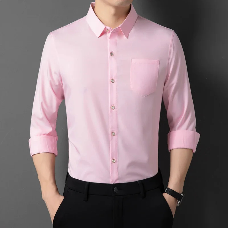 Mens Business Casual Solid Color Long Sleeved Shirt Non Ironing Comfortable Top 241223