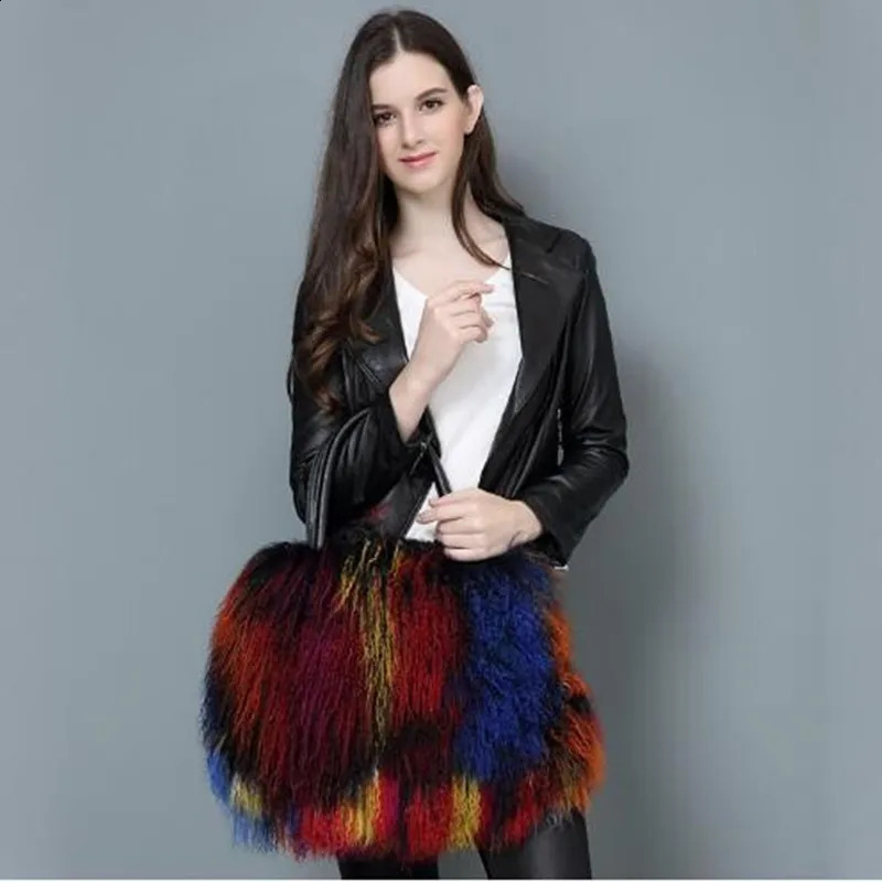 Real Mongolian Fur Bags Australian Beach Wool Fur Shoulder Bag Ladies Tibet Lamb Fur Wrist Bag Large Capacity 241227