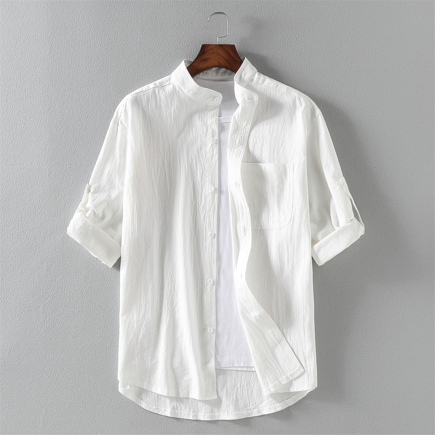 DA01073 Summer Stand Collar Half Sleeve Solid Color Cotton and Linen Men's Short Sleeve Shirt