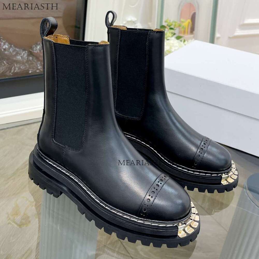 British Style Round Toe Flats Ladies Shoes Fashion Golden Tooth Decor Chunky Bottom Women Mid-Calf Short Boots