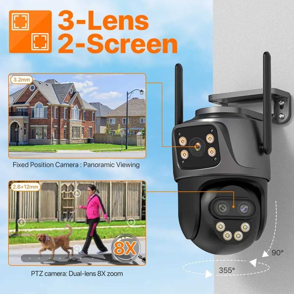 9MP 6K HD WiFi IP Camera Outdoor 8x Zoom Three Lens Dual Sn PTZ Camera Auto Tracking Home Security CCTV Surveillance 8MP CamXJ241228