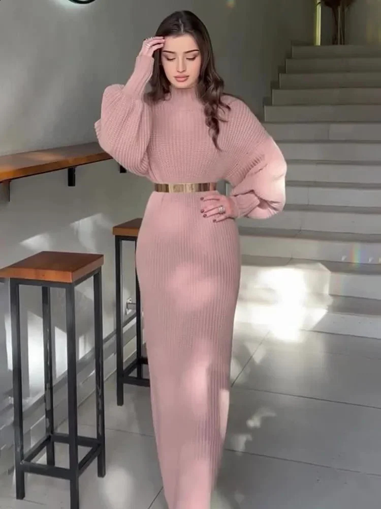 TARUXY Knitted Long Dress With Belt Womens Turtleneck Pullover Solid Sweater Dresses Fashion Long Sleeve Holiday Party Clothes 241224