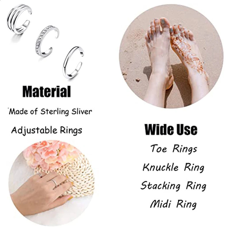 Adjustable Stainless Steel Toe Rings for Women Summer Beach Hypoallergenic CZ Jewelry Set with Tail Foot Ring Gift 241225