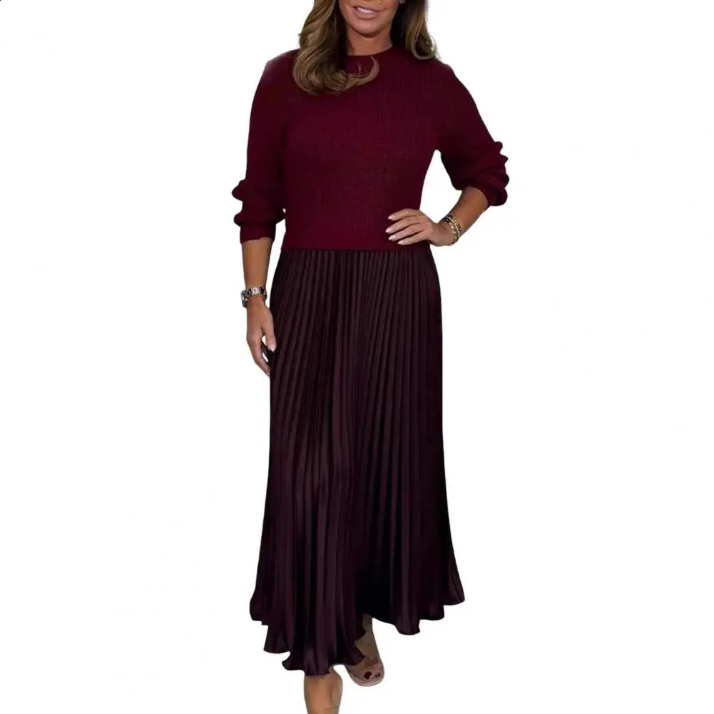 Autumn Winter Women Dress Knitted Sweater Twopiece Pleated Skirt Patchwork Long Sleeve Round Neck Aline Maxi 241228