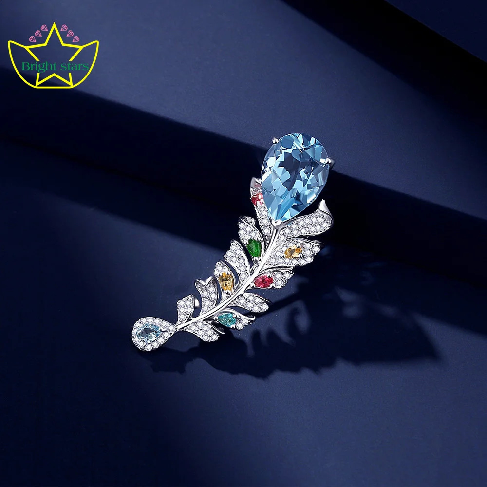 Bright Stars s925 Sterling silver Sky Blue Topa stone feather brooch upscale womens clothing accessories 241227