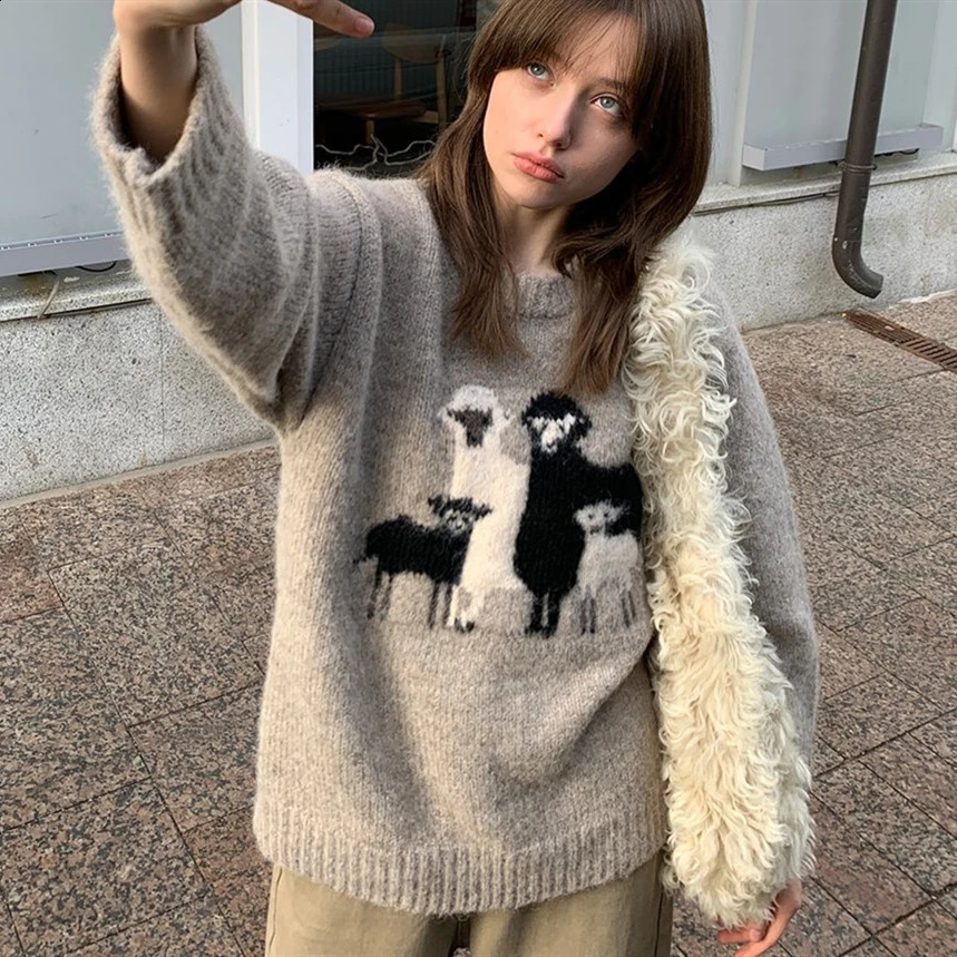 Vintage Gray Y2K Cute Cartoon Sheep Embroidery Jacquard Sweater Soft Warm Winter Jumper Harajuku Kawaii Winter Clothes 241224