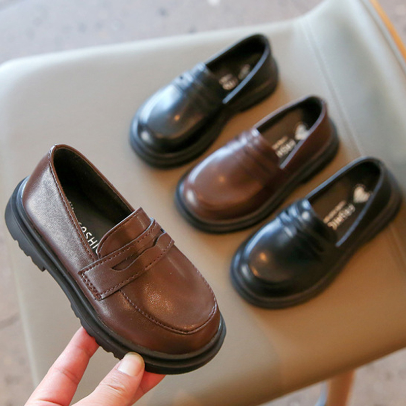 Kids Loafers Slip-on Pu Leather Black Brown Youth Girls Flat Shoes Happysteps Toddler Fashion Leisure Children Casual Shoes Sizes US5C-US4Y