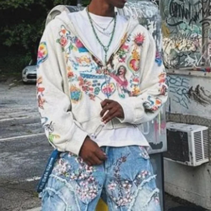Vintage Risen King Graphic Print Oversized Zip-Up Hoodie Men Y2K Autumn Long Sleeves Casual Sweatshirt Streetwear Women Tops 241228