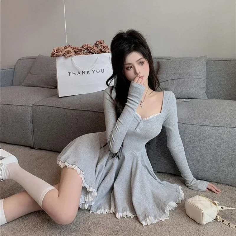 Sexy Korean Dress French Style Waist Closed Long Sleeve Collarbone Exposed Sweet Lacewaisted Pleated Aline Tutu Skirt 2024 241228