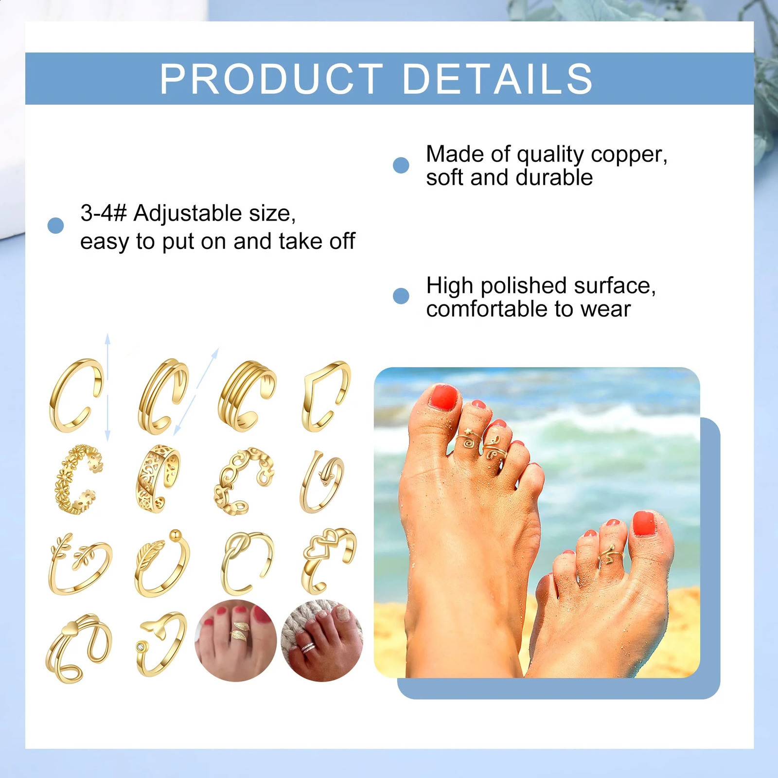 Fashion Toe Ring for Women Girl 18K Gold Plated Jewelry Small Size Adjustable Open Tail Stacking Rings Summer Beach Foot 241225