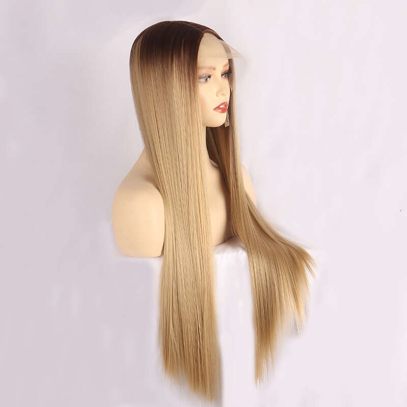 T-Shaped Lace Headband, Mid Split Dyed Long Straight Synthetic Wig Wigs Kq2