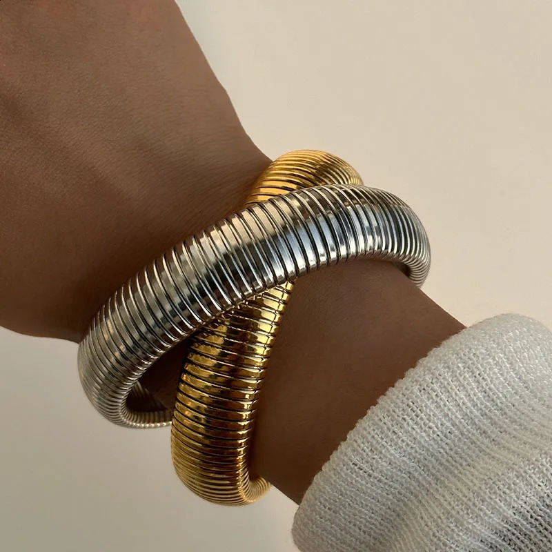 Double layered elastic Gypsy bangles stainless steel wide chunky bangles statement jewelry waterproof punk jewelry 241228