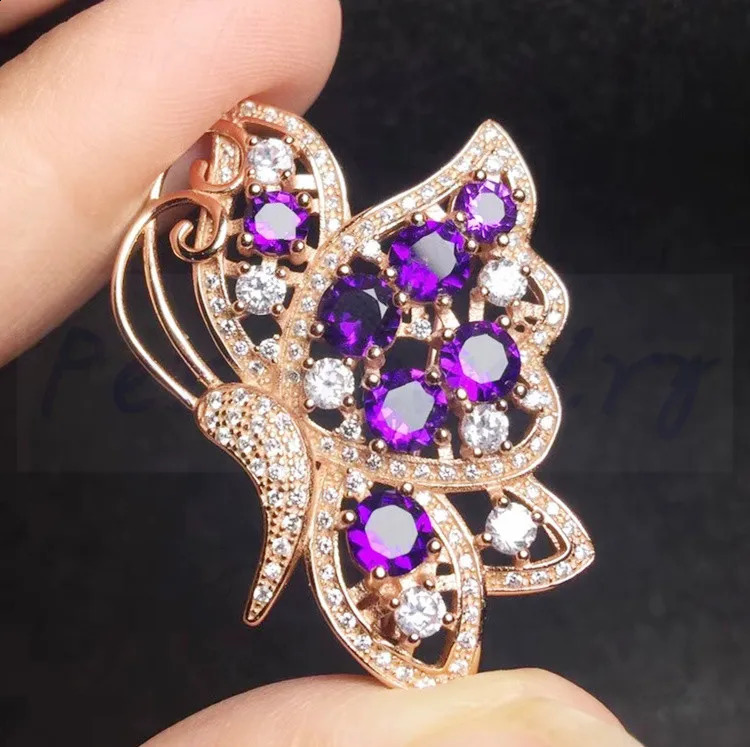 Natural real amethyst or emerald butterfly style brooch pins 925 sterling silver 0.2ct*7pcs gemstone T8100914 241227