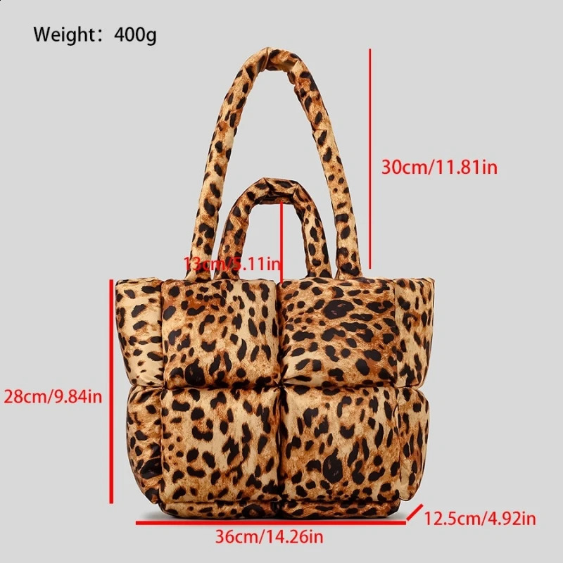 Women Leopard n Puffy Handbag Large Capacity Quilted Space Down Feather Padded Cotton Tote Bag Winter Warm Shopping Purse 241227