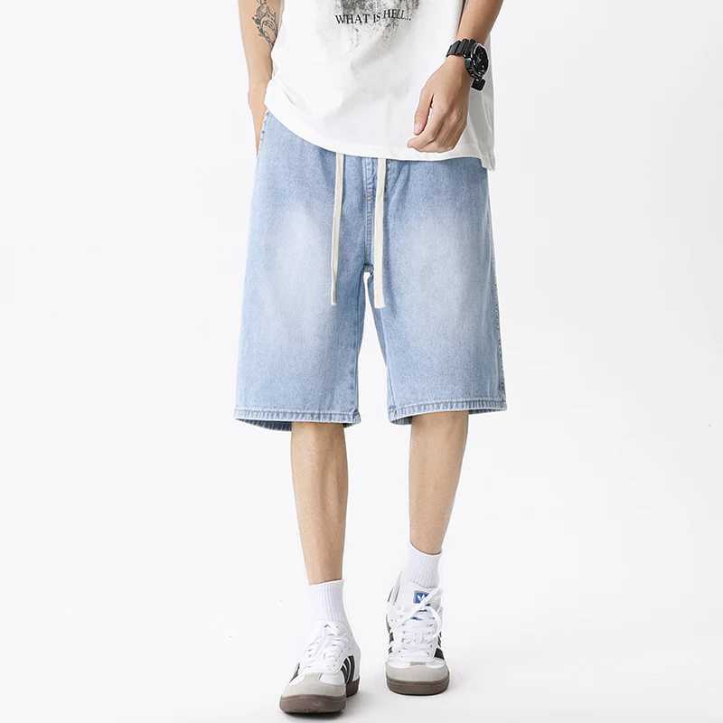 Casual Denim Shorts Men Elastic Waist Straight Comfortable Light Blue Soft Short Pants Baggy Wide Bermuda Male Jeans W250319