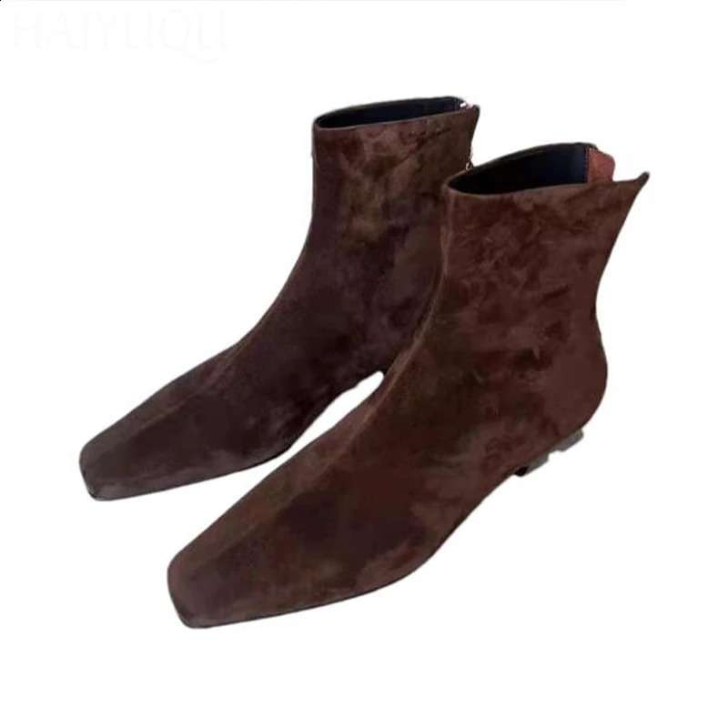 Women Suede Ankle Boots Flats Square Toe Fashion Shoes Woman Trend Chelsea Cozy Walking Warm Mujer Snow Botas 241223
