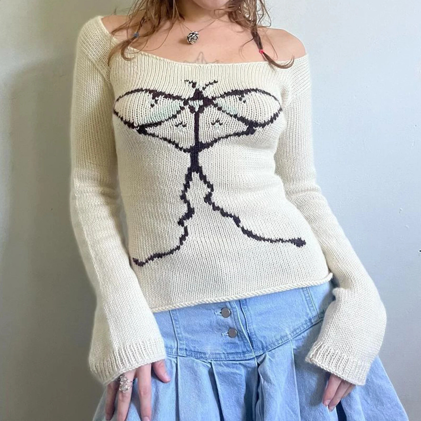 Gaono Women Y2k Off The Shoulder Sweater Vintage Bow Graphic Fitted Pullover Tops Cute Fall Knit Tops Vintage Streetwear 241220