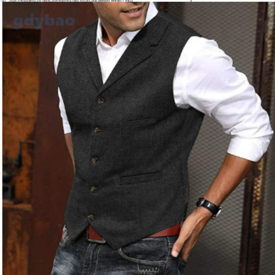 Mens Casual Classic Suit Vest V Neck Herringbone Tweed Slim Fit Business Waistcoat For Wedding 241223Z