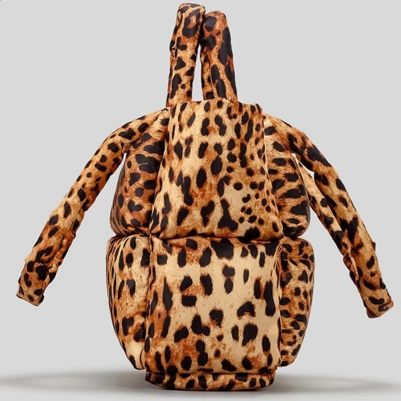 Women Leopard n Puffy Handbag Large Capacity Quilted Space Down Feather Padded Cotton Tote Bag Winter Warm Shopping Purse 241227
