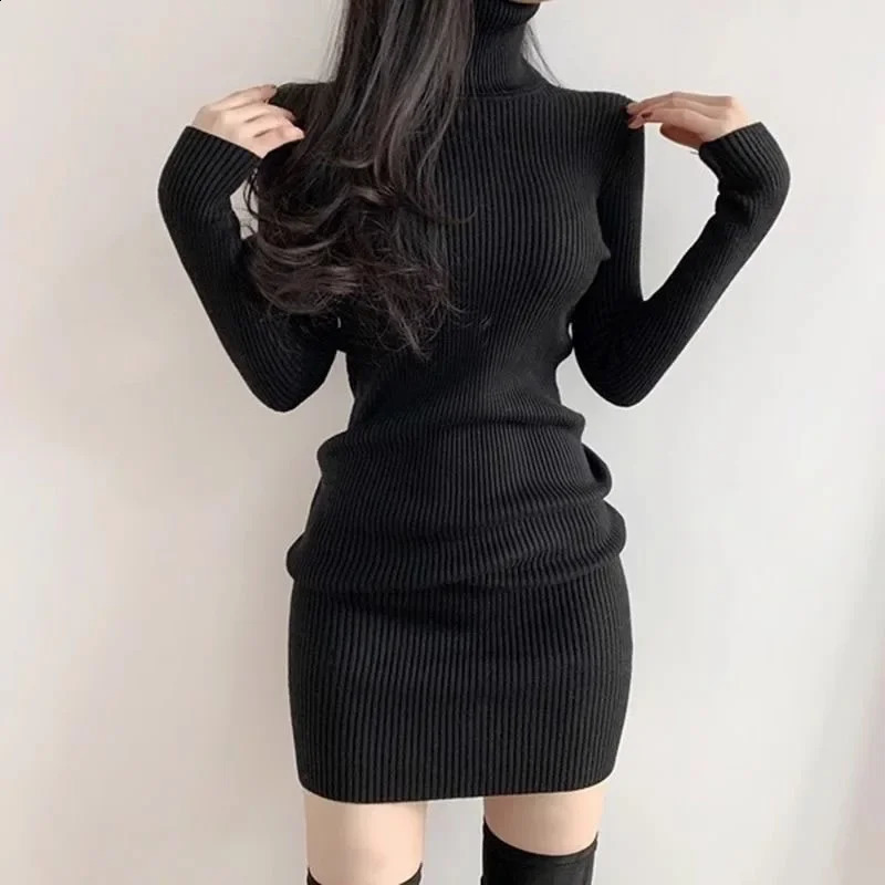 Fanan 2024 Turtleneck Sweater Dresses Lady Sexy Slim Streetwear Bodycon Mini Dres Thick Basic Bottoming Dress Woman 241228