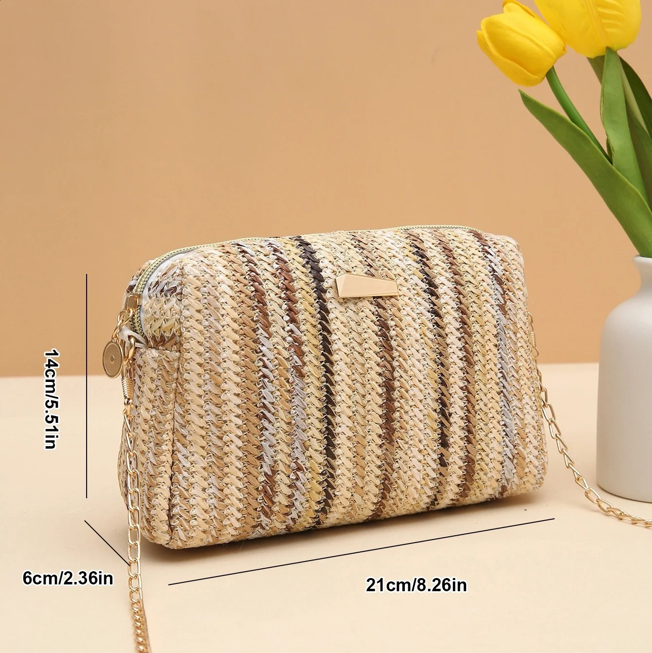Summer Rainbow Rattan Knitting Straw Bag Shoulder Crossbody Beach Chain Small Purse Handbag Female Travel Flap Women 241225