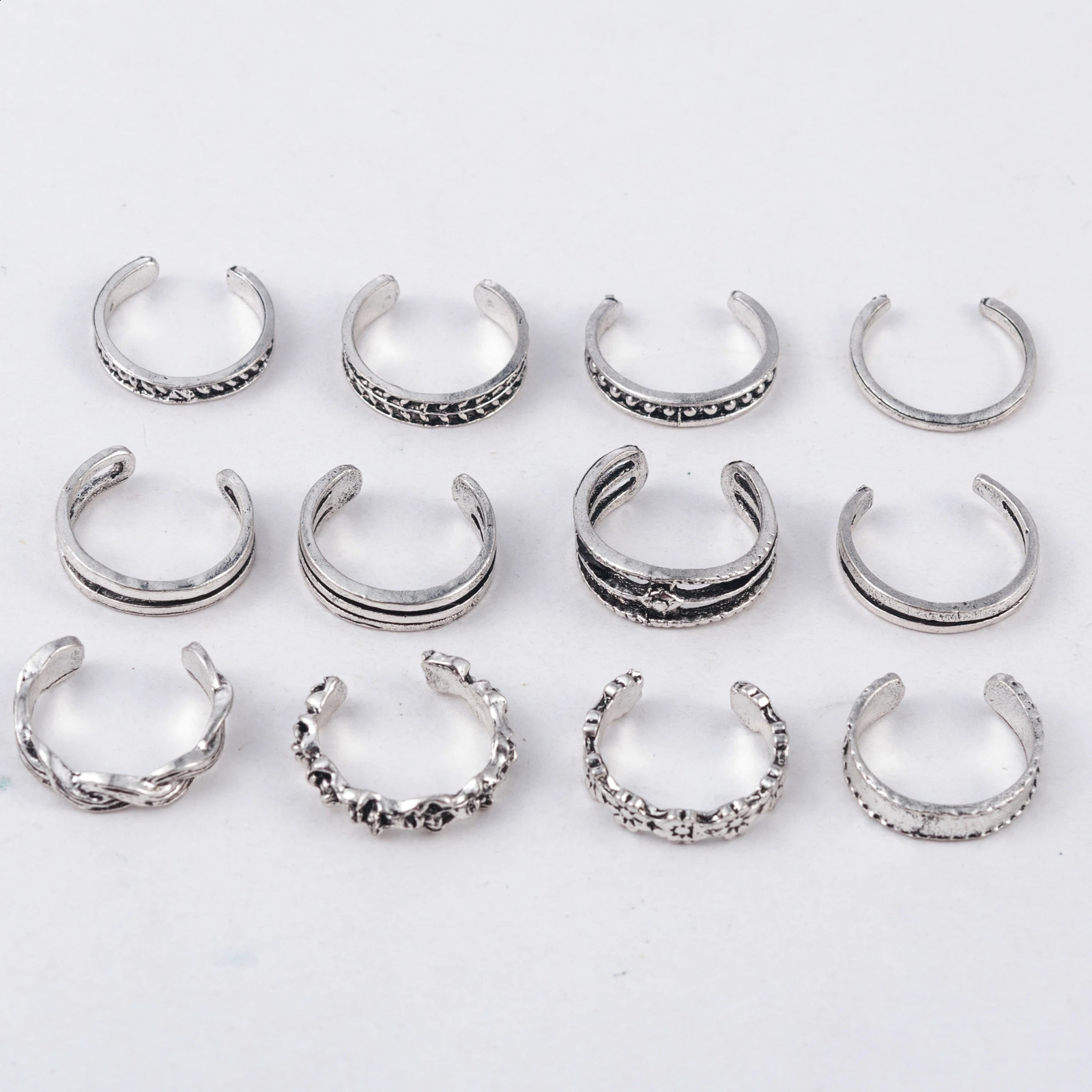12PCsset Women Lady Unique Adjustable Opening Finger Ring Retro Carved Toe Foot Beach Jewelry 241225