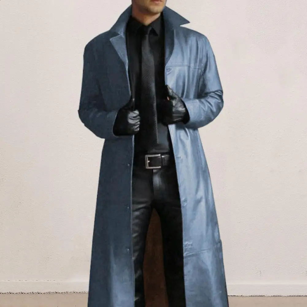 Men Faux Leather Jacket Stylish Mens Trench Coat with Turndown Collar Windproof n Slim Fit for 241220