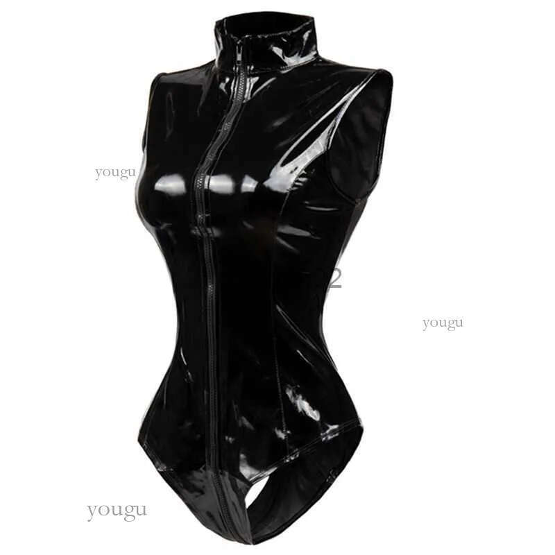 Women's Jumpsuits Rompers Black Crotch Zipper Sleeveless Sexy Spandex Bodysuit Leather Latex Catsuit PVC Jumpsuit Women Short PU BodySuit Clubwea
