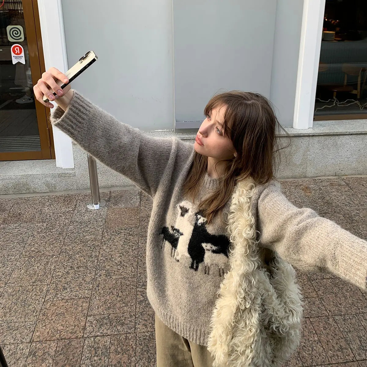 Vintage Gray Y2K Cute Cartoon Sheep Embroidery Jacquard Sweater Soft Warm Winter Jumper Harajuku Kawaii Winter Clothes 241224