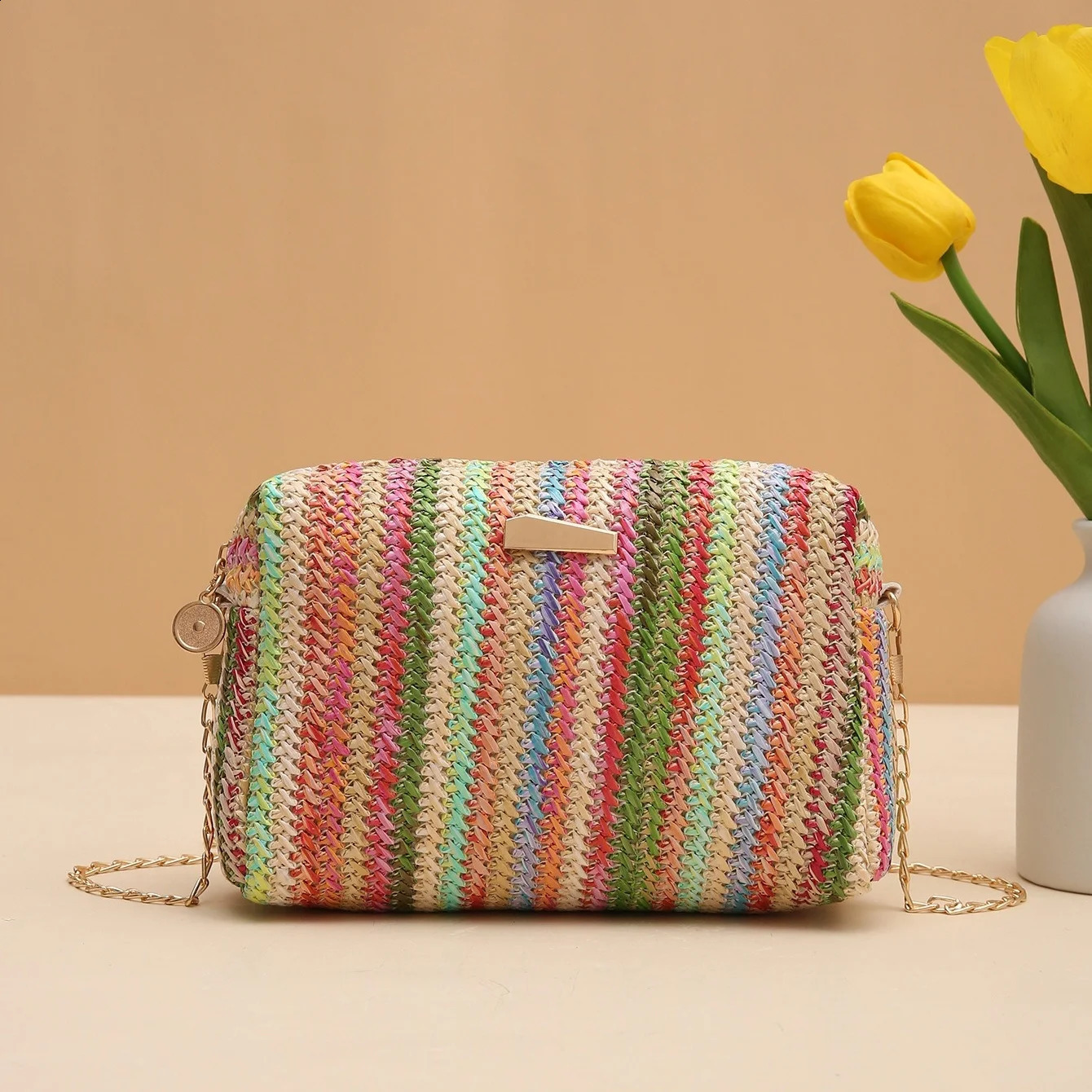 Summer Rainbow Rattan Knitting Straw Bag Shoulder Crossbody Beach Chain Small Purse Handbag Female Travel Flap Women 241225