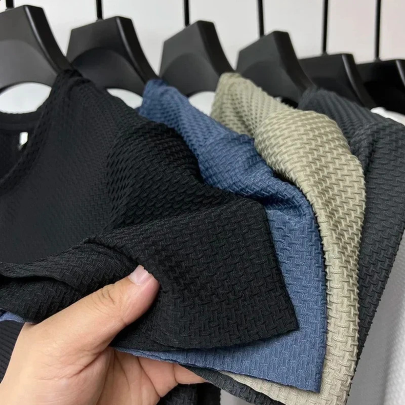 High end Ice Silk Short Sleeve T-shirt Mens Summer Mesh Breathable Round Neck Fashion Solid Color Casual Top 241224