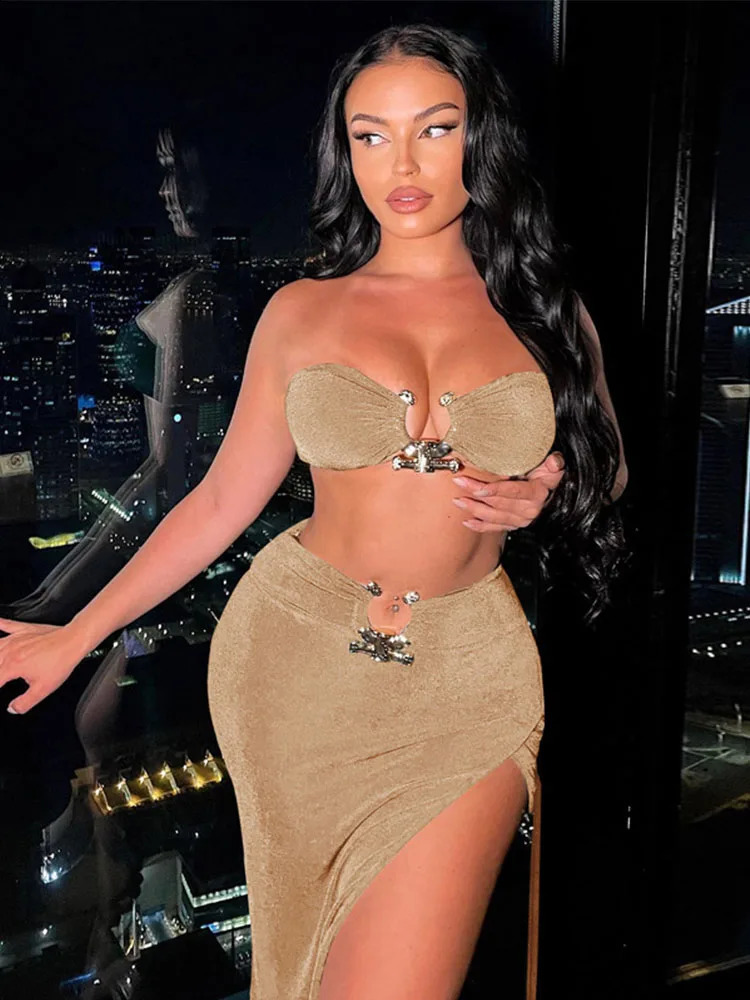 Velvet Sexy Strapless Crop Tube Top High Waist Slit Maxi Dress 2 Pcs Suits 2024 Fall Women Fashion Streetwear Vestido 241220