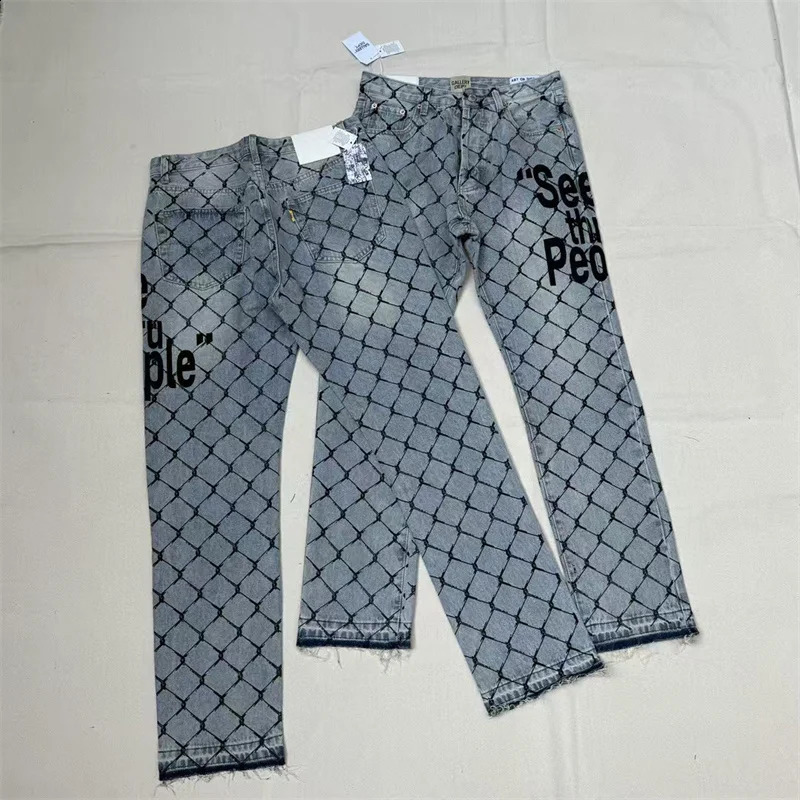 Spring Summer Hip Hop Womens Jeans Wire Mesh Letter Print Slim Straight Pants Casual Temperament 241228