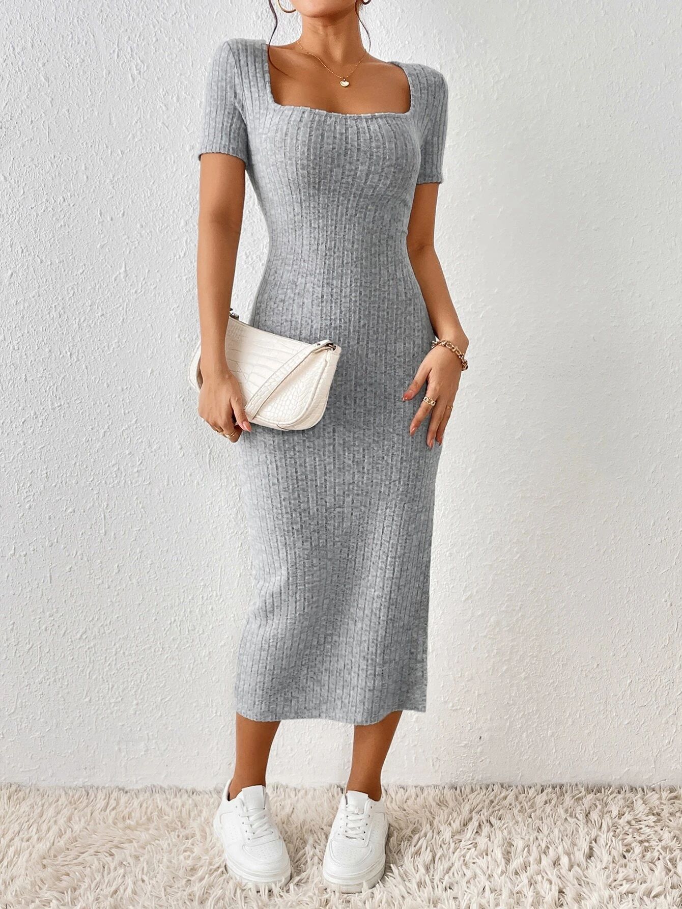 L40712 New summer women's square neck sexy slim fit slit hip-hugging dress