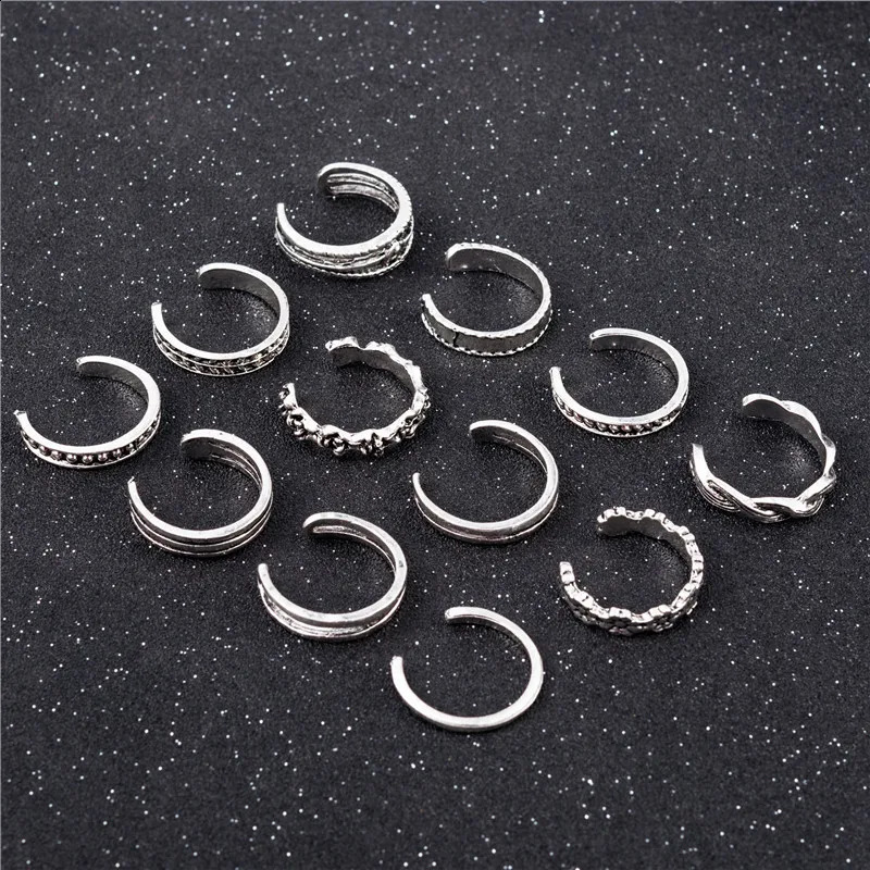 12PCsset Women Lady Unique Adjustable Opening Finger Ring Retro Carved Toe Foot Beach Jewelry 241225