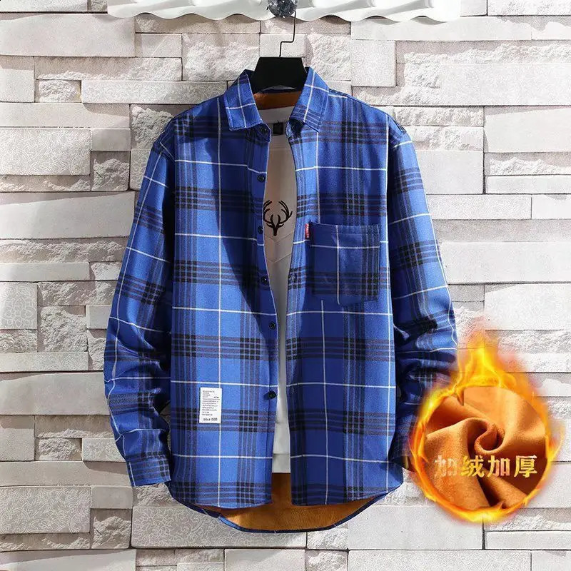 Checkered Shirt Mens Casual Plus Plush Thick Mens Long Sleeved Warm Shirt Student Korean Version Trendy Jacket 241223