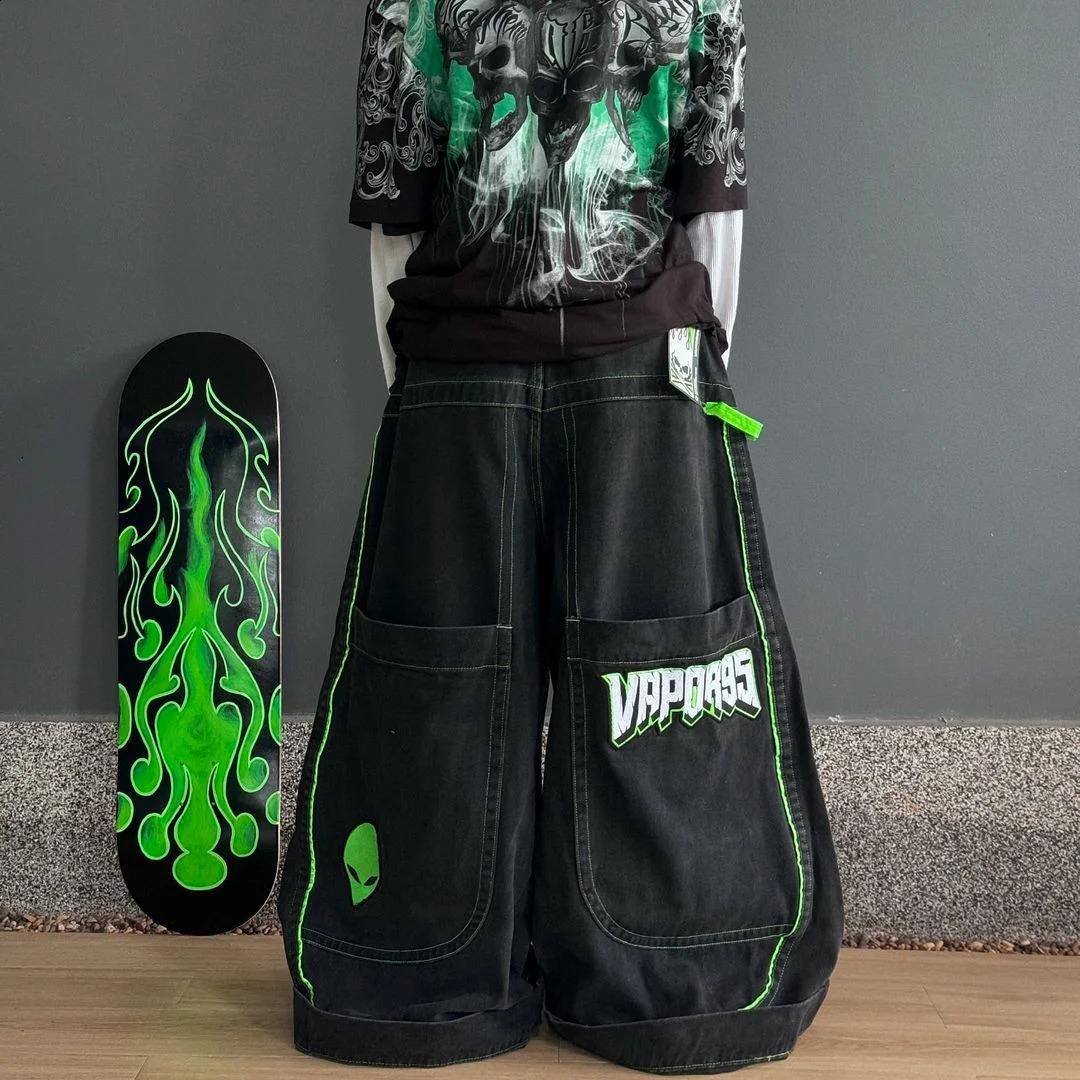 Skeleton grimace graffiti printed jeans ins washed trendy loose casual straight-leg personalized denim trousers 241224