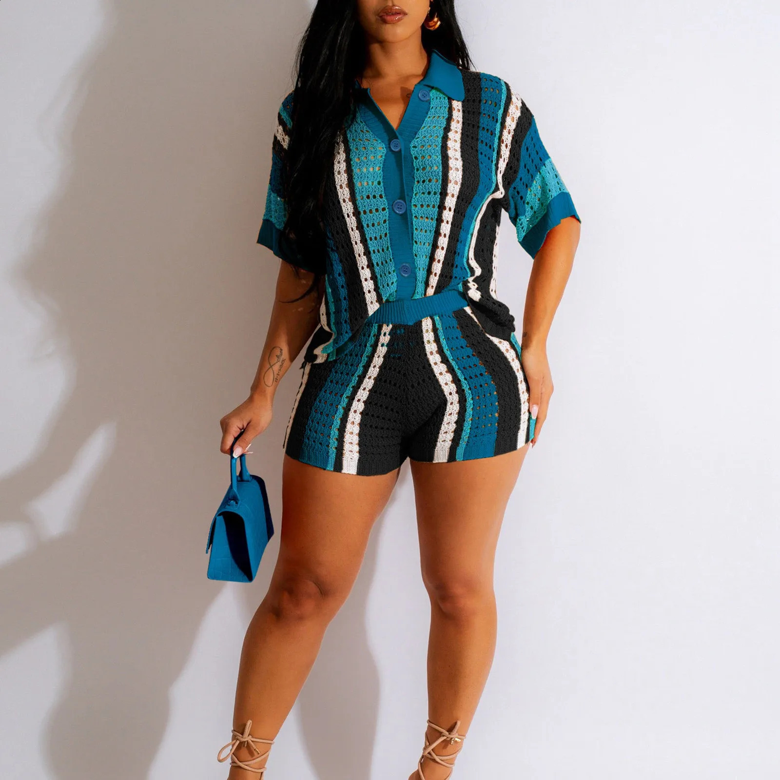 Women Summer Beach Vacation Two 2 Piece Outfits Crochet Sets Causal Knit Short Sleeve Button Down Shirt And Shorts Matching Set 241228