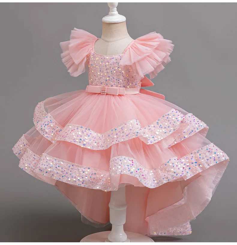 Girl's Dresses 3-10 year old girl new year dress sequins small flying sleeve trailer tail skirt net gauze cake dress girl party dress Y250227D5YA