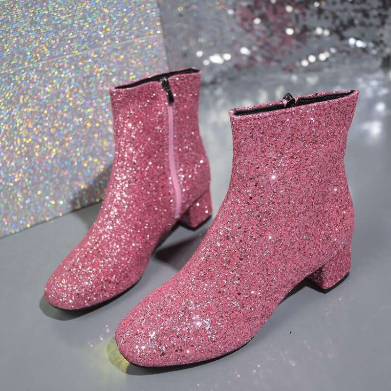 Women's Plus Size Gold Sequin Embellished Round Toe Side Zipper Short Warm Fleece ing Chunky Heel Anti-Wind Ankle Boots